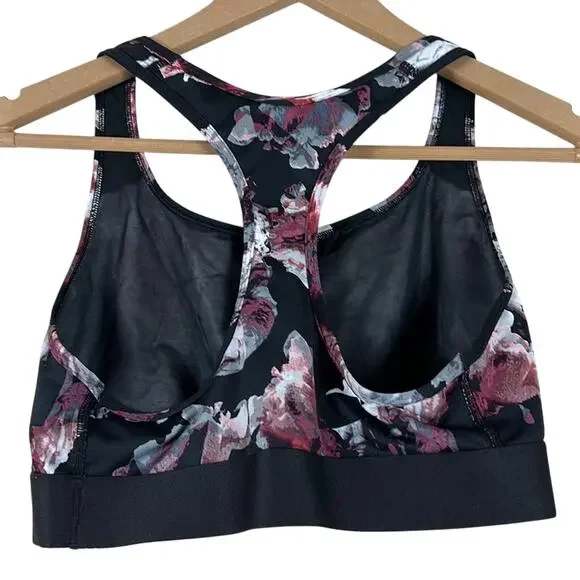 Victoria’s Secret Sports Bra Womens L Black Floral Racerback Medium Impact Gym - Picture 2 of 2